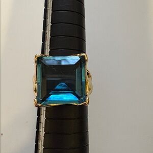 Elegant Gold plated over Stainless Blue Glass Women's Ring